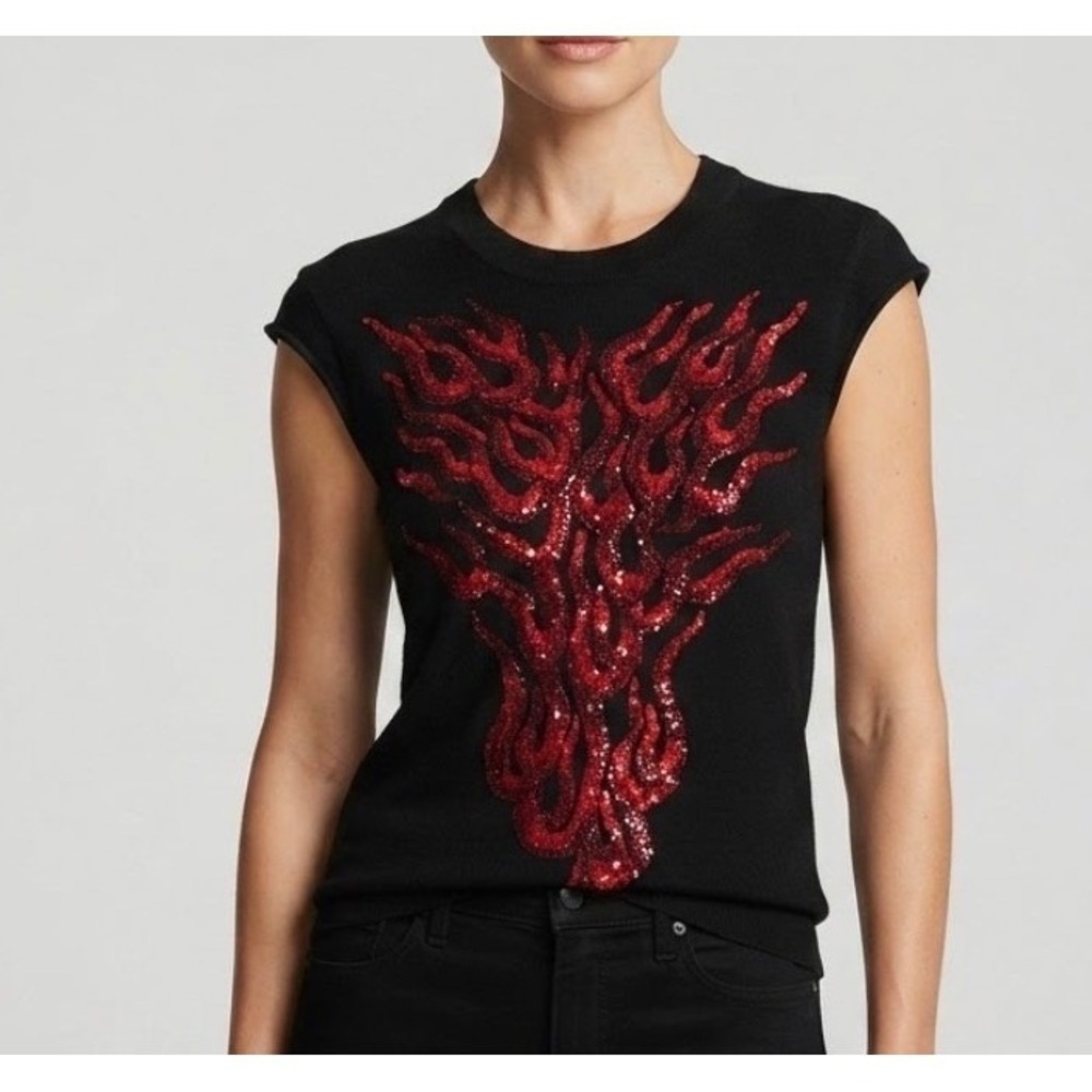 IISLI New York 100% Cashmere Sequin Flame Knit Top Black Red Small 51019038